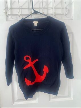 J. Crew Navy Sweater with Red Anchor Graphic 100 cot S PTP abt 18.5  3/4 sleeves